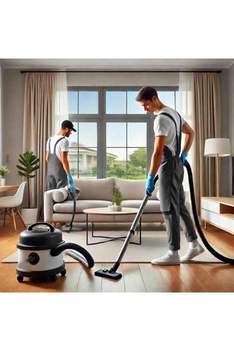 A professional cleaner mopping the hardwood floor of an empty, modern apartment with clean white walls, polished wooden floors, and large windows, highlighting cleanliness, professionalism, and freshness