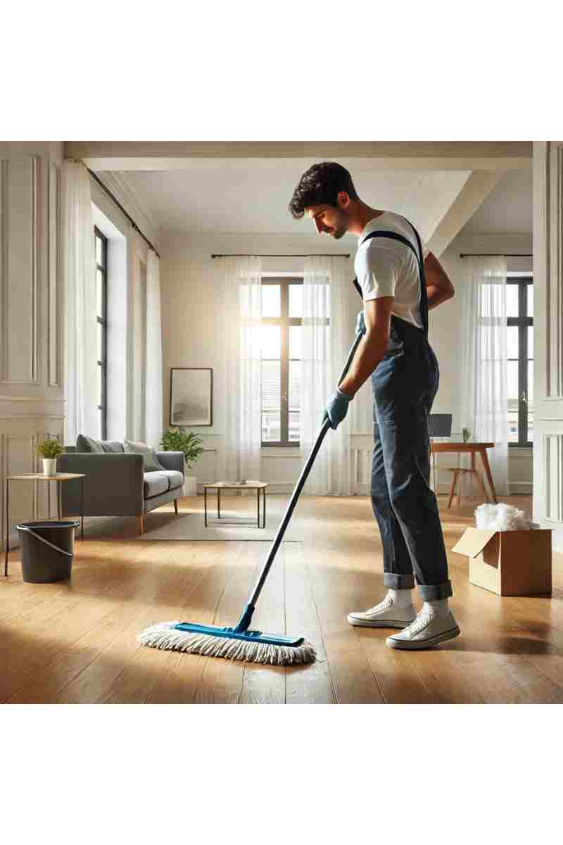 A professional cleaner mopping the hardwood floor of an empty, modern apartment with clean white walls, polished wooden floors, and large windows, highlighting cleanliness, professionalism, and freshness