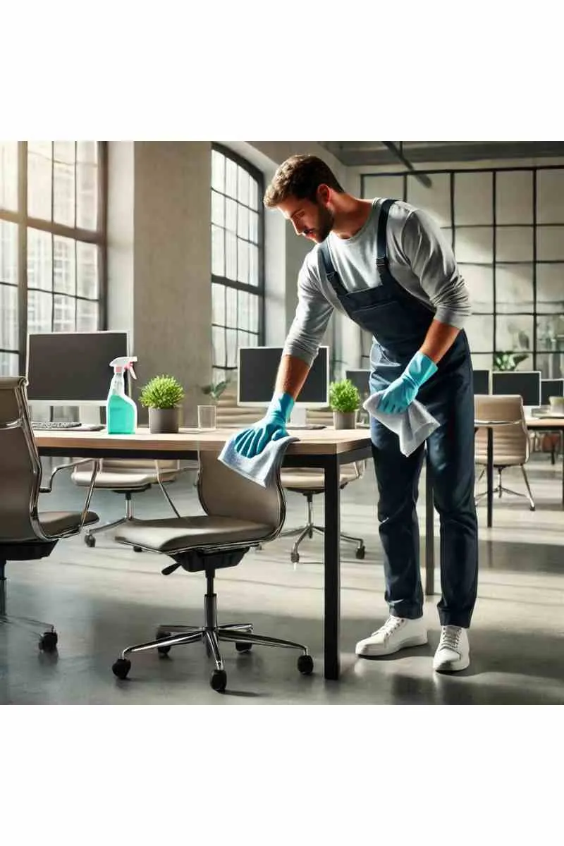 A professional cleaner in a modern, well-lit office space, wiping down a desk with a cloth. The background features sleek office furniture, natural light, and a clean, fresh environment that reflects thorough cleaning and sanitation.