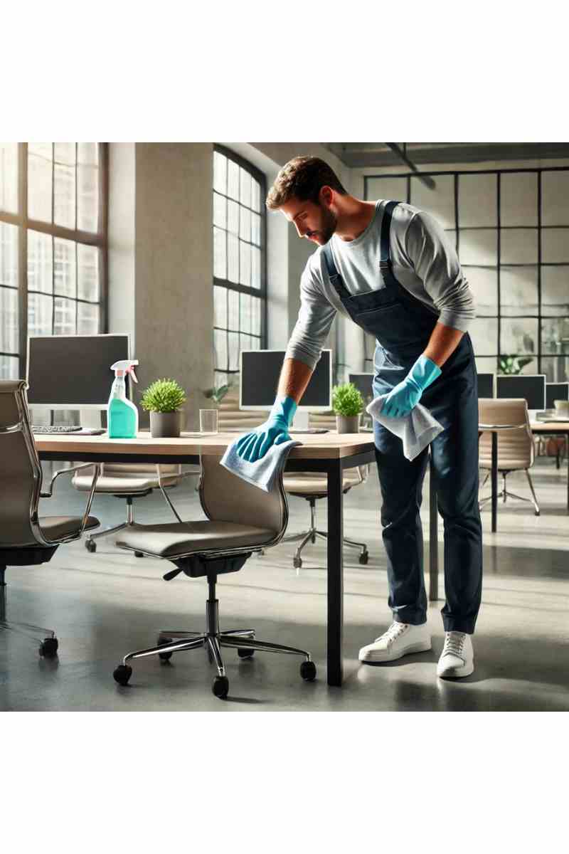 A professional cleaner in a modern, well-lit office space, wiping down a desk with a cloth. The background features sleek office furniture, natural light, and a clean, fresh environment that reflects thorough cleaning and sanitation.