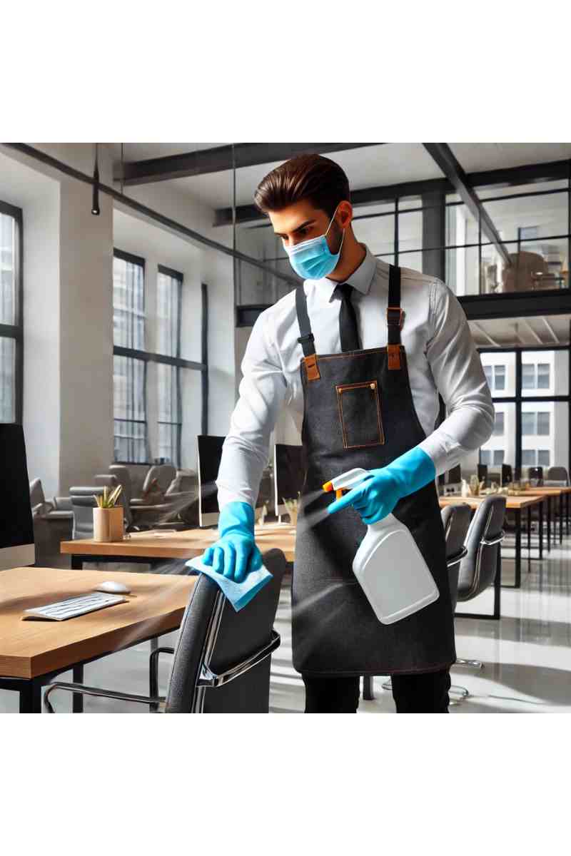 A professional cleaner disinfecting a modern office space using a spray bottle and cloth, wearing gloves, a face mask, and a uniform, with a sleek, hygienic office environment in the background