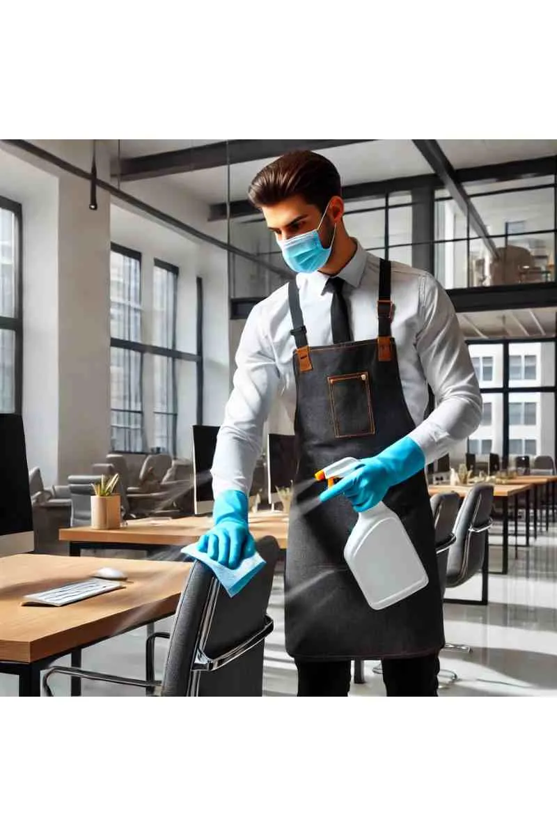A professional cleaner disinfecting a modern office space using a spray bottle and cloth, wearing gloves, a face mask, and a uniform, with a sleek, hygienic office environment in the background