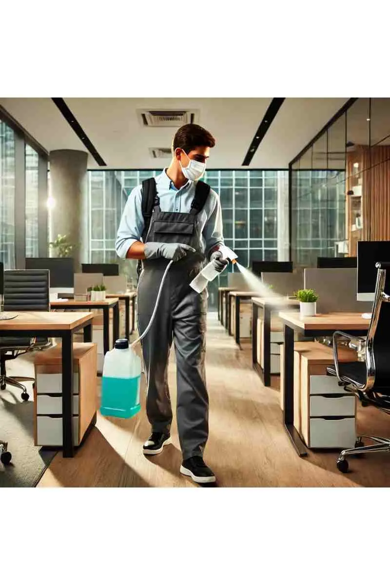 A professional cleaner disinfecting an office space, wearing a uniform, gloves, and a face mask, in a modern corporate office with sleek desks, glass partitions, and natural light, highlighting cleanliness, professionalism, and safety