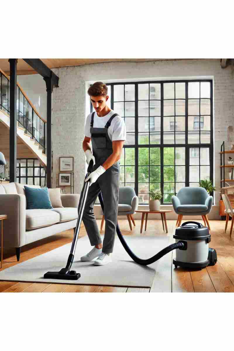 A professional cleaner vacuuming the living room of a modern home with large windows, natural light, stylish furniture, and polished hardwood floors, reflecting professionalism and cleanliness