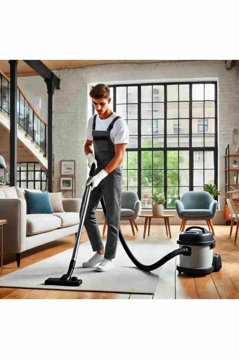 A professional cleaner vacuuming the living room of a modern home with large windows, natural light, stylish furniture, and polished hardwood floors, reflecting professionalism and cleanliness