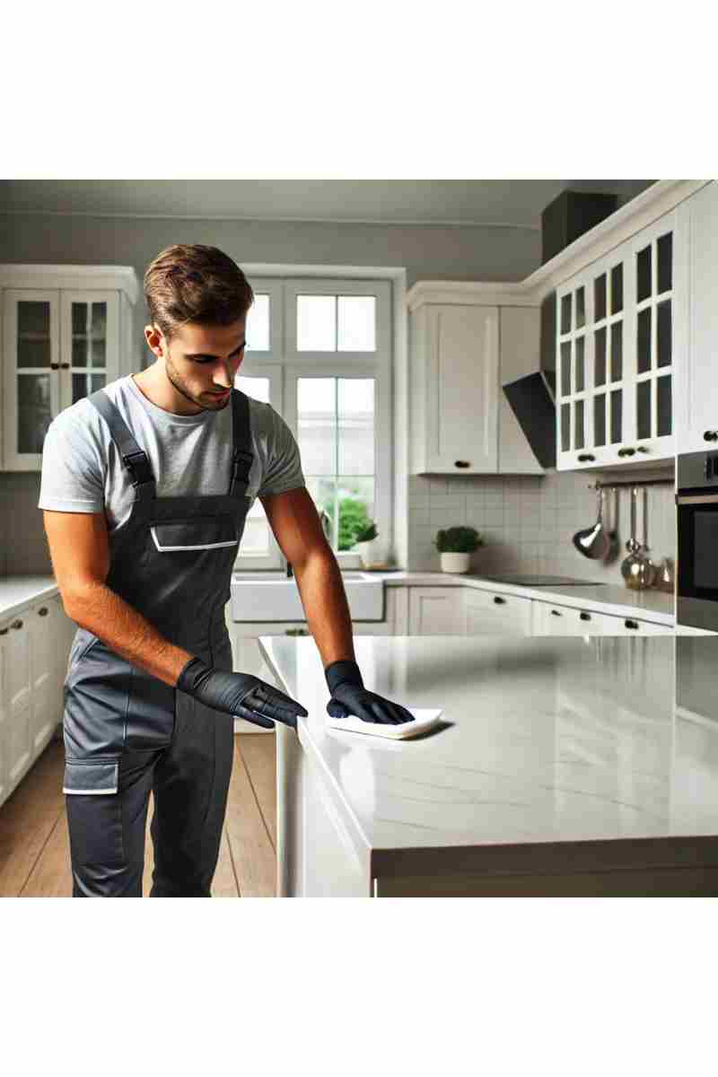 A professional cleaner wiping down a kitchen countertop in a modern, empty apartment with clean white cabinetry, stainless steel appliances, and a polished countertop, reflecting cleanliness, professionalism, and freshness