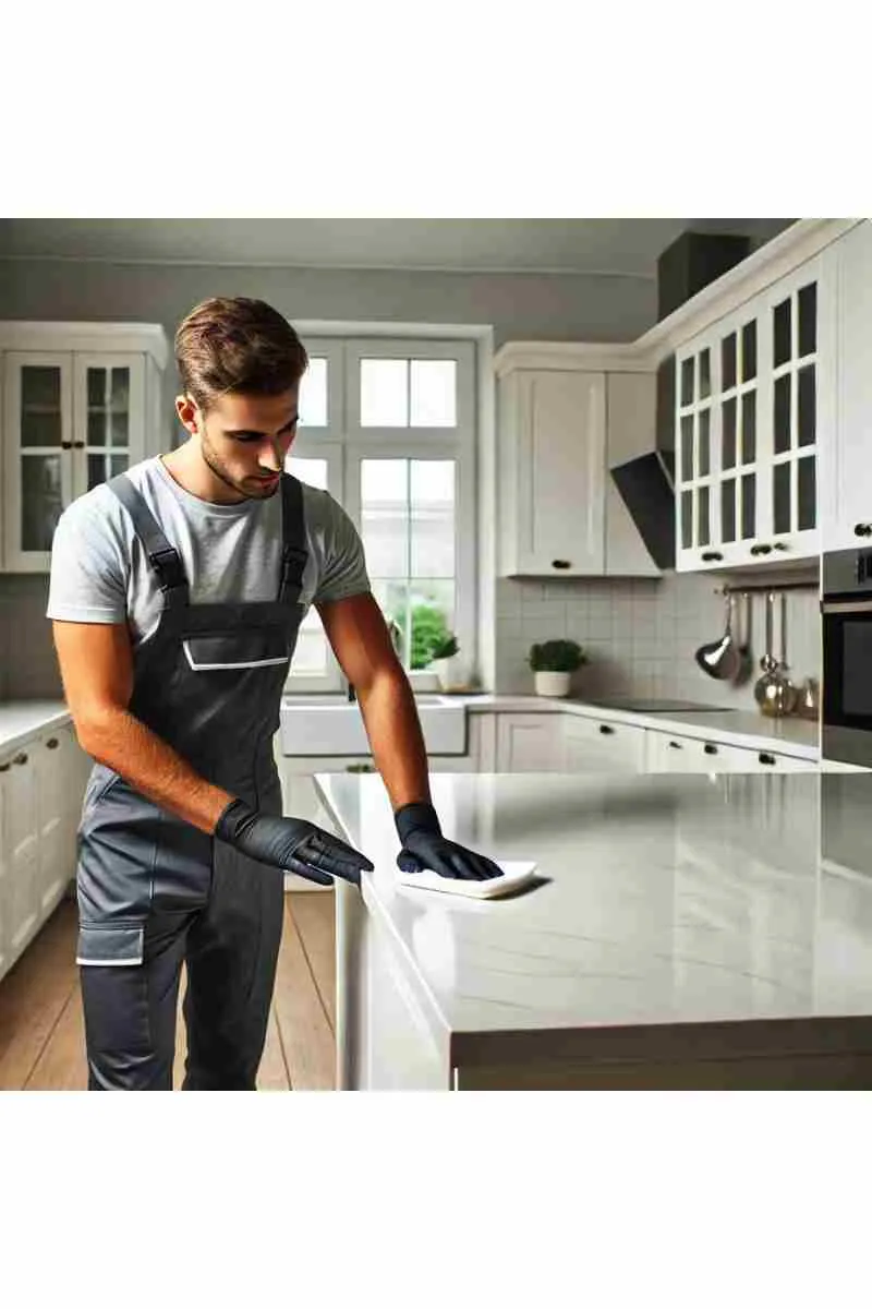 A professional cleaner wiping down a kitchen countertop in a modern, empty apartment with clean white cabinetry, stainless steel appliances, and a polished countertop, reflecting cleanliness, professionalism, and freshness