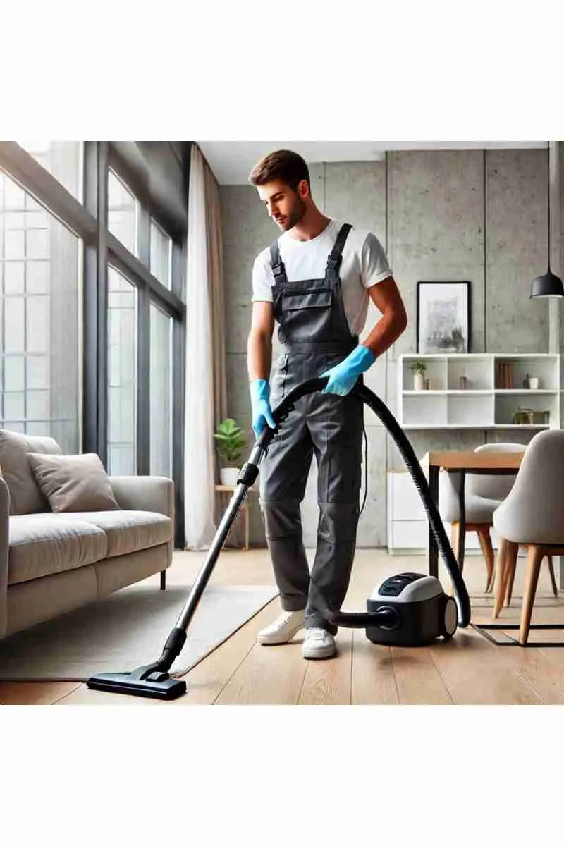 A professional cleaner vacuuming the floor of a modern, bright living room with large windows, natural light, a stylish sofa, and a cozy, clean atmosphere, reflecting freshness and professionalism