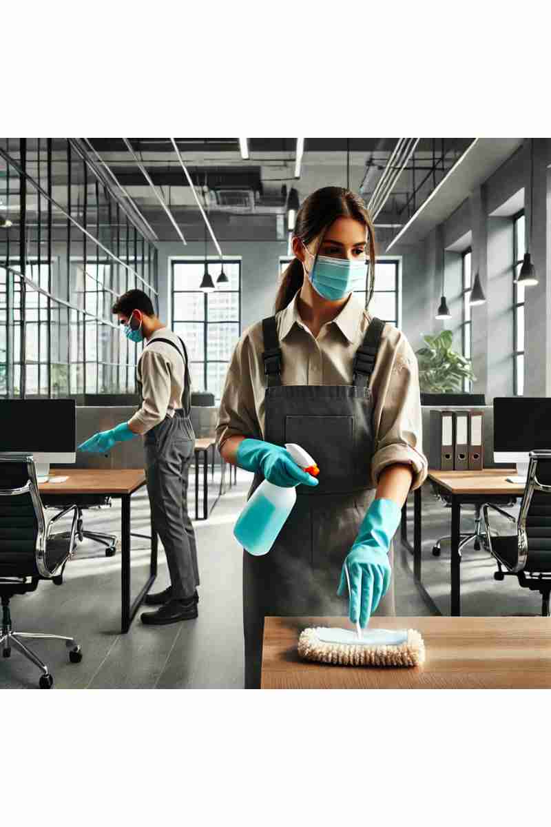 A professional cleaner disinfecting a modern office space with a spray bottle and cloth, wearing gloves, a face mask, and a uniform. The background features sleek desks, glass partitions, and natural light streaming in, highlighting cleanliness, professionalism, and safety