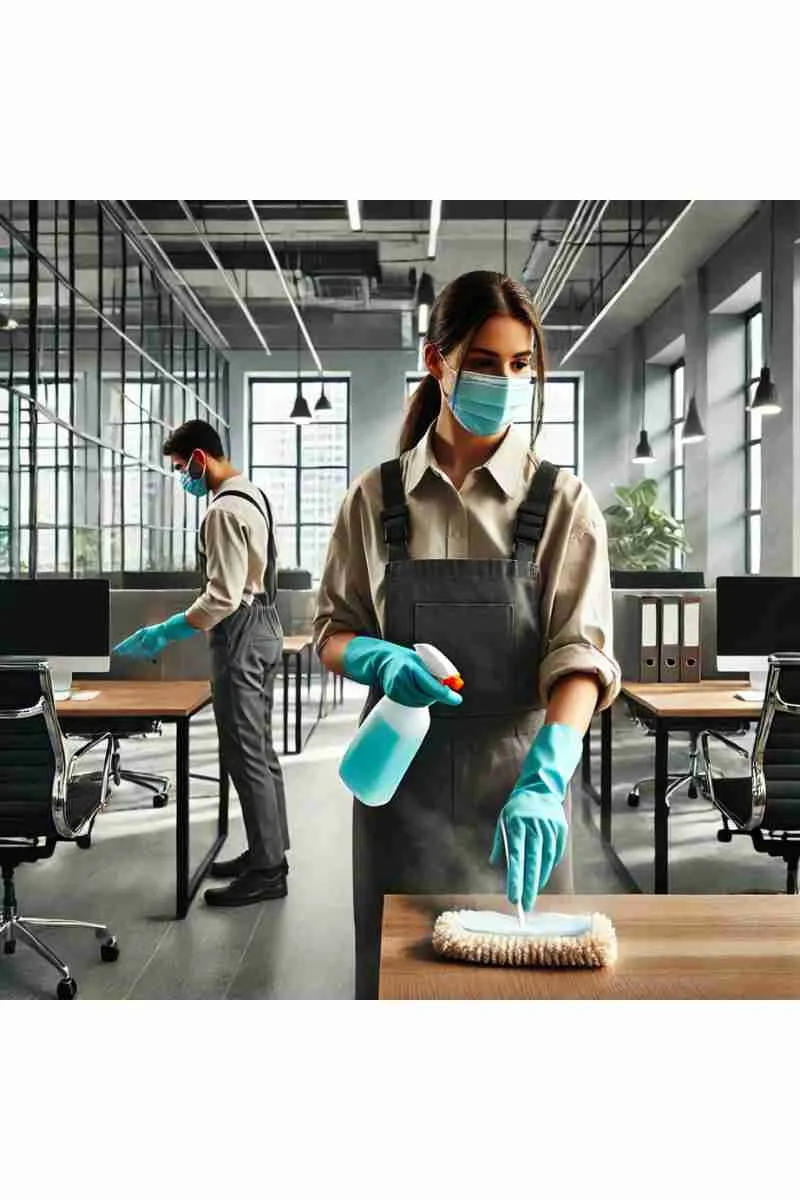 A professional cleaner disinfecting a modern office space with a spray bottle and cloth, wearing gloves, a face mask, and a uniform. The background features sleek desks, glass partitions, and natural light streaming in, highlighting cleanliness, professionalism, and safety