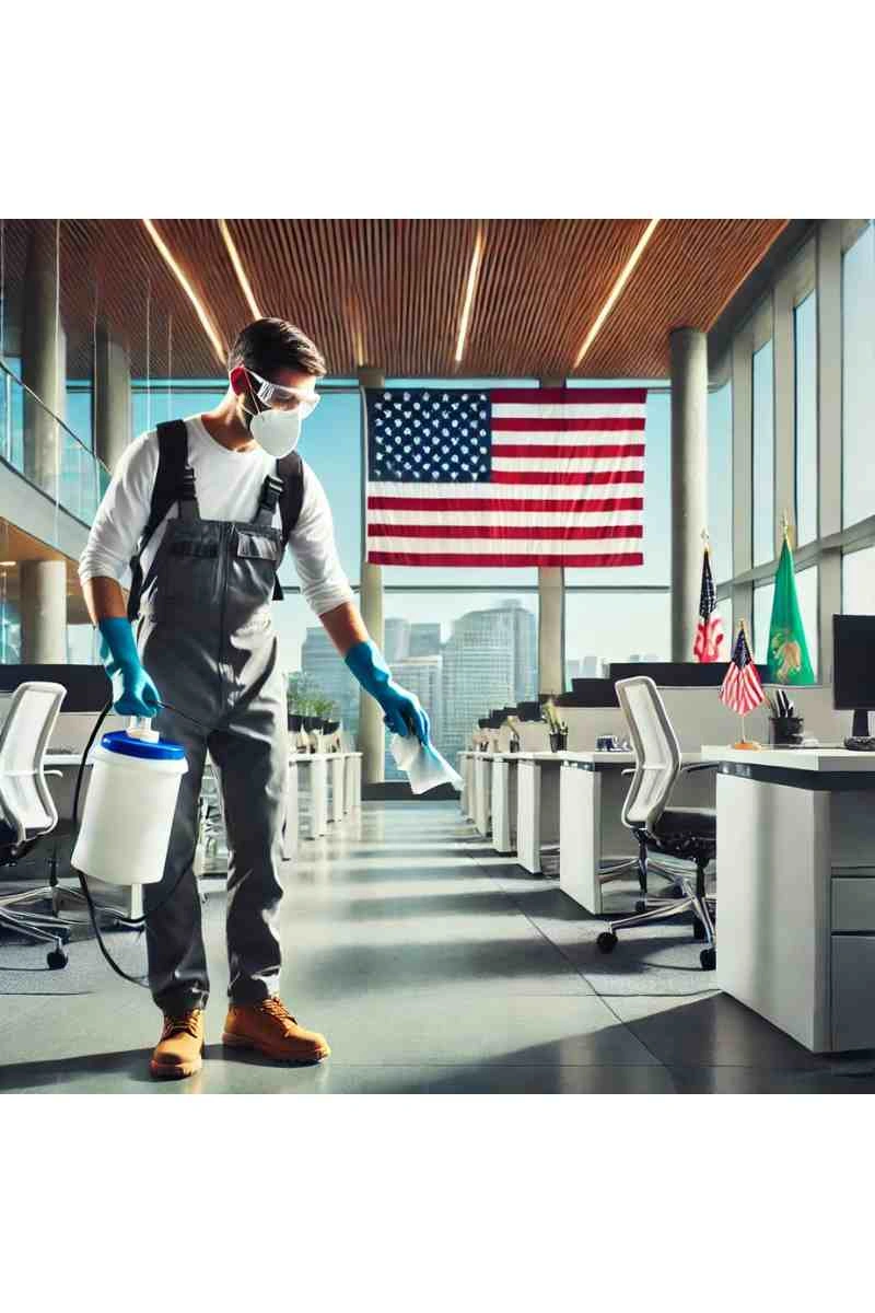 A professional cleaner disinfecting a modern government facility in King County, Washington. The cleaner wears a uniform, gloves, and practical footwear. The background features an American flag, modern office furniture, and large windows, symbolizing cleanliness, efficiency, and government operations.