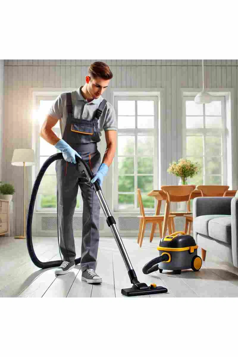 A professional cleaner vacuuming the floor of a bright, modern living room with large windows, natural light, a stylish sofa, and a clean, cozy atmosphere, reflecting freshness and professional home cleaning services