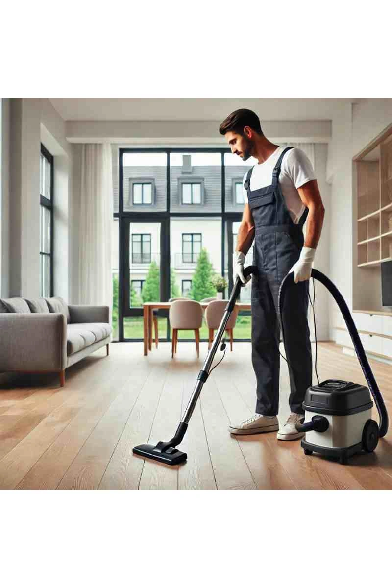 A professional cleaner scrubbing a kitchen countertop in a modern, empty apartment during a move-out cleaning. The cleaner wears a uniform, gloves, and practical footwear. The kitchen features white cabinetry, stainless steel appliances, and a polished countertop, emphasizing cleanliness and readiness for new occupants.