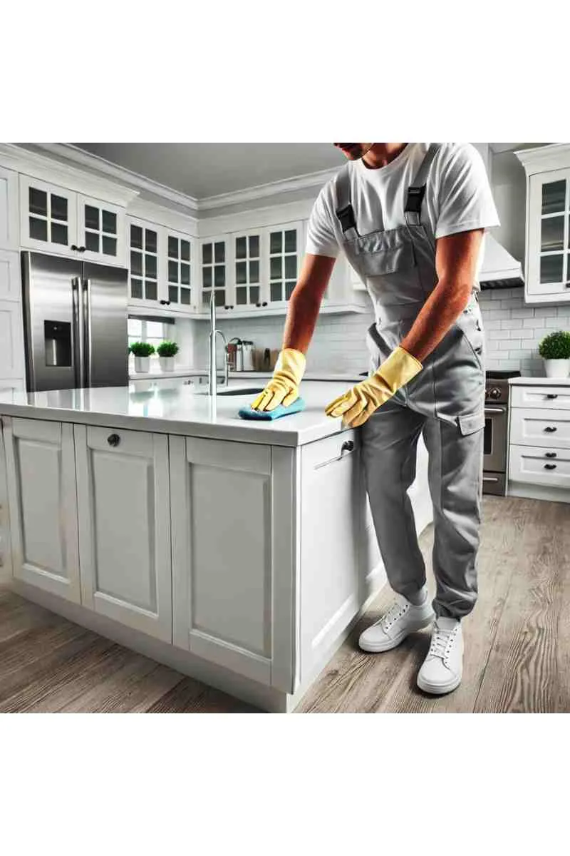 A professional cleaner wiping down kitchen countertops in a modern, empty home as part of a move-in cleaning service. The cleaner wears a uniform, gloves, and practical footwear. The kitchen features white cabinetry, stainless steel appliances, and a polished countertop, emphasizing cleanliness, freshness, and readiness for new occupants.