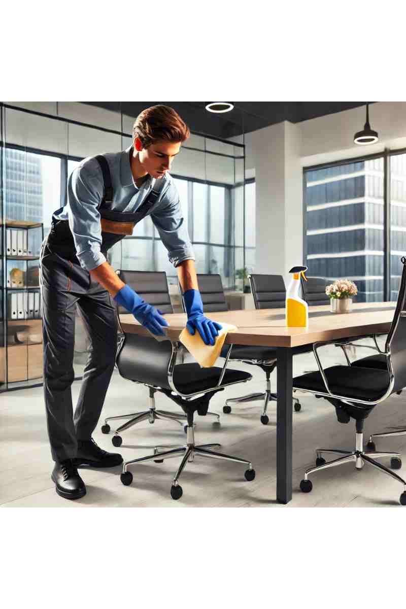 A professional cleaner wiping down a conference table in a modern, well-lit office as part of a commercial cleaning service. The cleaner wears a uniform, gloves, and practical footwear. The background features large windows, natural light, organized desks, and sleek office furniture, emphasizing cleanliness and professionalism