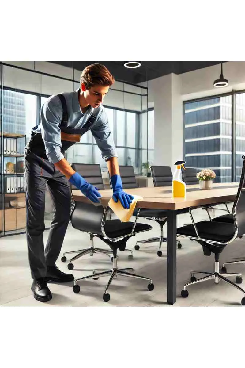 A professional cleaner wiping down a conference table in a modern, well-lit office as part of a commercial cleaning service. The cleaner wears a uniform, gloves, and practical footwear. The background features large windows, natural light, organized desks, and sleek office furniture, emphasizing cleanliness and professionalism