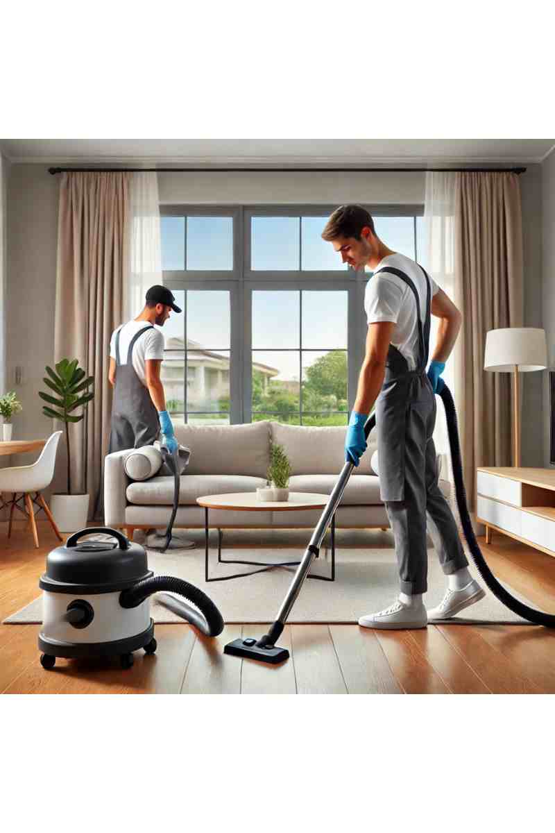 A professional cleaner vacuuming the living room of a modern home with large windows, natural light, a stylish sofa, and polished hardwood floors, reflecting professionalism, freshness, and same-day cleaning services
