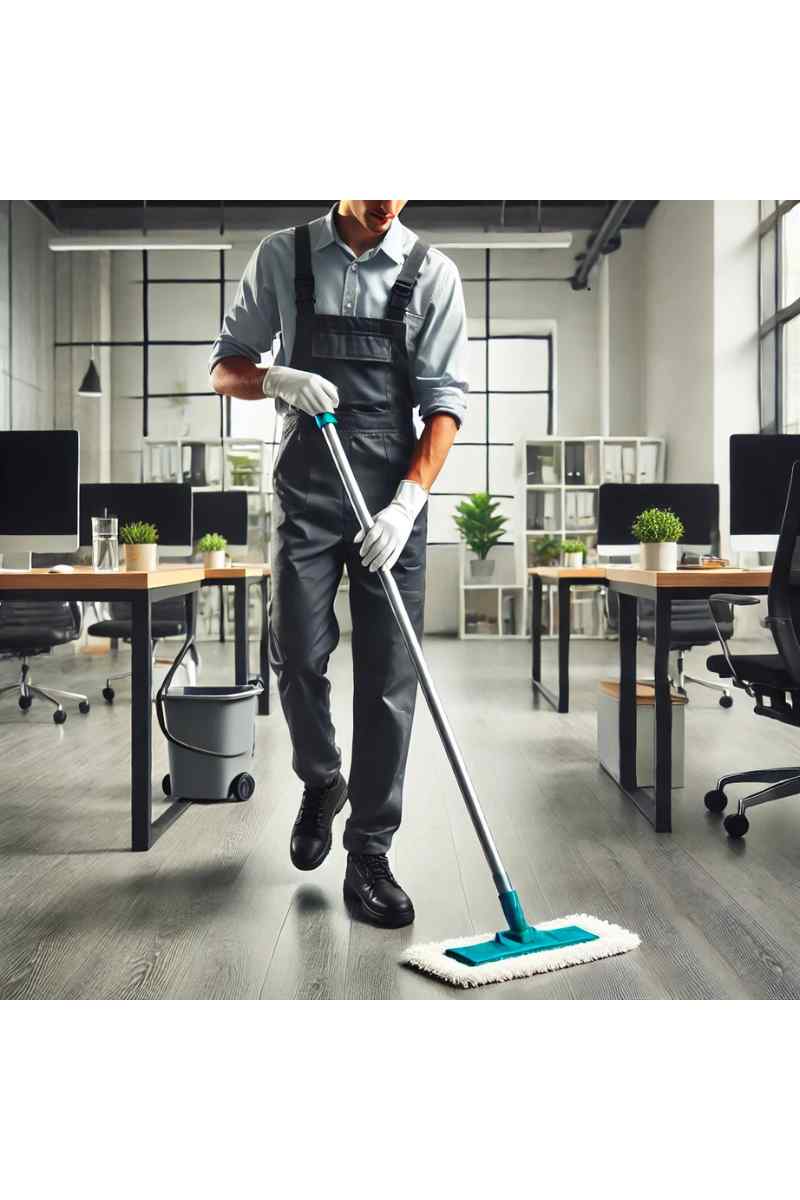 A professional cleaner mopping the floor of a modern office with large windows, sleek desks, office chairs, and natural light, reflecting cleanliness, freshness, and a productive work environment