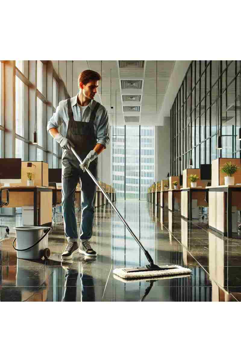 A professional cleaner mopping the floor of a modern office building with large windows, sleek desks, and natural light, emphasizing cleanliness, organization, and a productive work environment