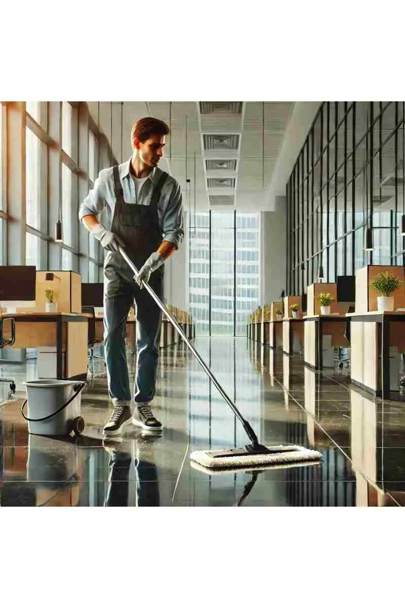 A professional cleaner mopping the floor of a modern office building with large windows, sleek desks, and natural light, emphasizing cleanliness, organization, and a productive work environment