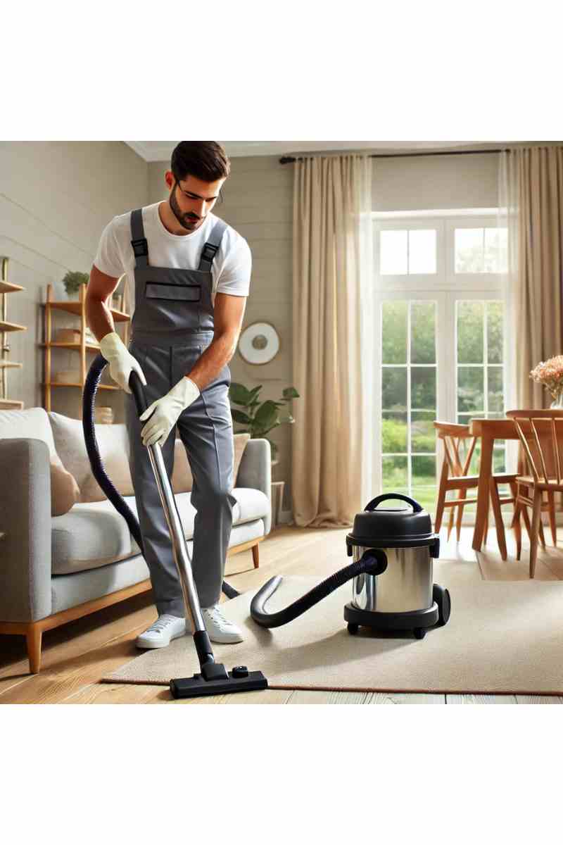A professional cleaner vacuuming a modern living room with a stylish sofa, coffee table, and large windows with natural light, reflecting a clean and organized home environment