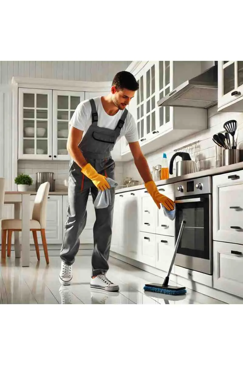 A professional cleaner tidying up a bright, modern kitchen with white cabinetry, stainless steel appliances, and a polished countertop, emphasizing cleanliness and organization