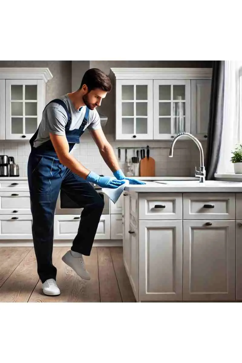 A professional cleaner wiping down kitchen countertops in a modern, empty home with white cabinets, stainless steel appliances, and a polished countertop, during a move-in cleaning service