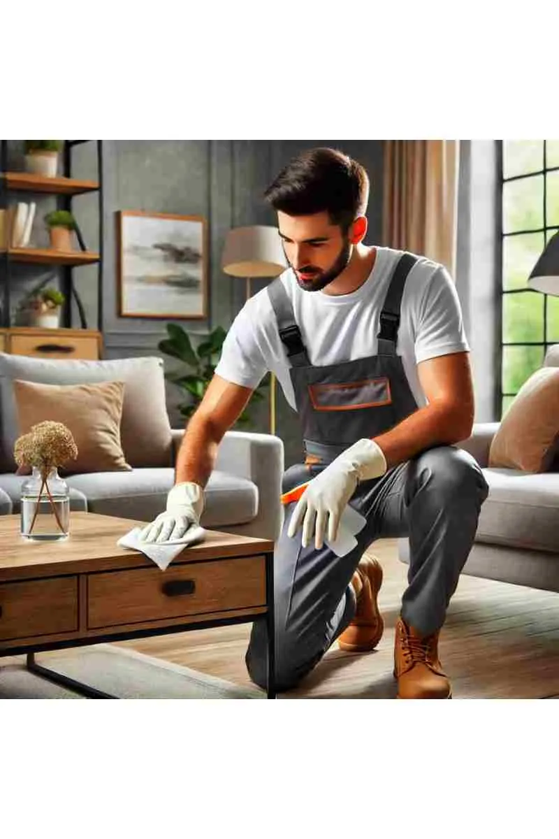 A professional cleaner wiping down a modern living room coffee table with a stylish sofa, decorative pillows, and large windows with natural light, emphasizing cleanliness and comfort