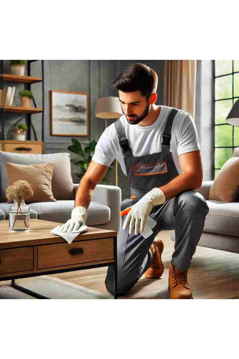 A professional cleaner wiping down a modern living room coffee table with a stylish sofa, decorative pillows, and large windows with natural light, emphasizing cleanliness and comfort