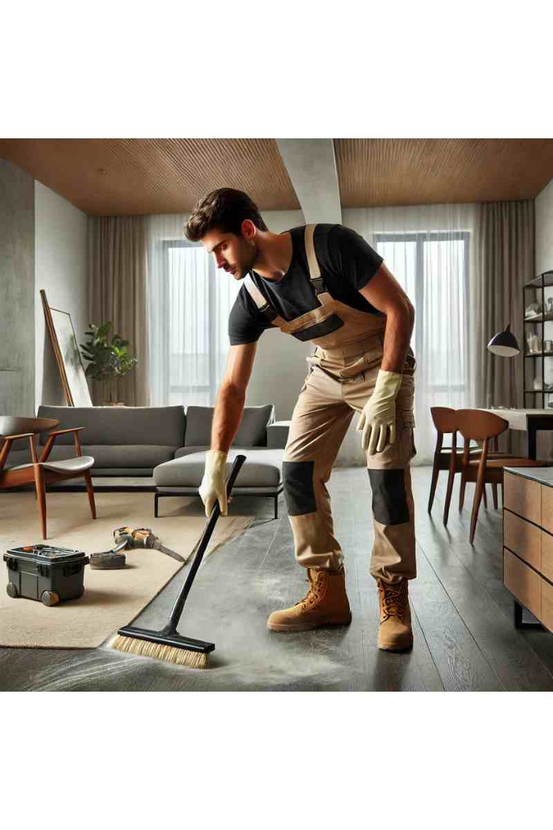A professional cleaner removing construction dust from a modern living room after a renovation, featuring large windows, sleek furniture, and scattered tools or debris, emphasizing post-renovation cleaning