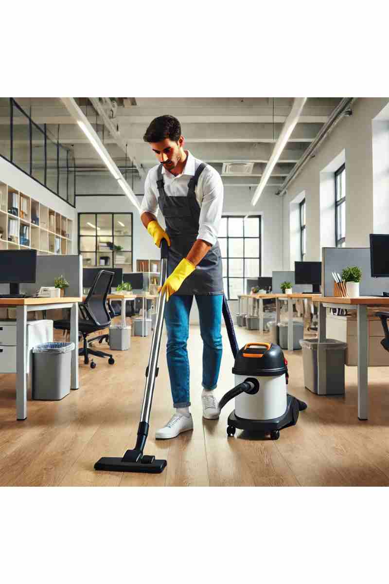 A professional cleaner vacuuming the floor of a modern office space with large windows, desks, and organized workstations, showcasing professionalism and cleanliness as part of a commercial cleaning service