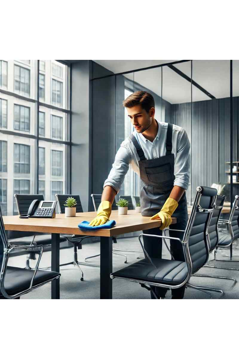 A professional cleaner wiping down a conference table in a modern office with glass walls, ergonomic chairs, and a clean, organized atmosphere, highlighting commercial cleaning services