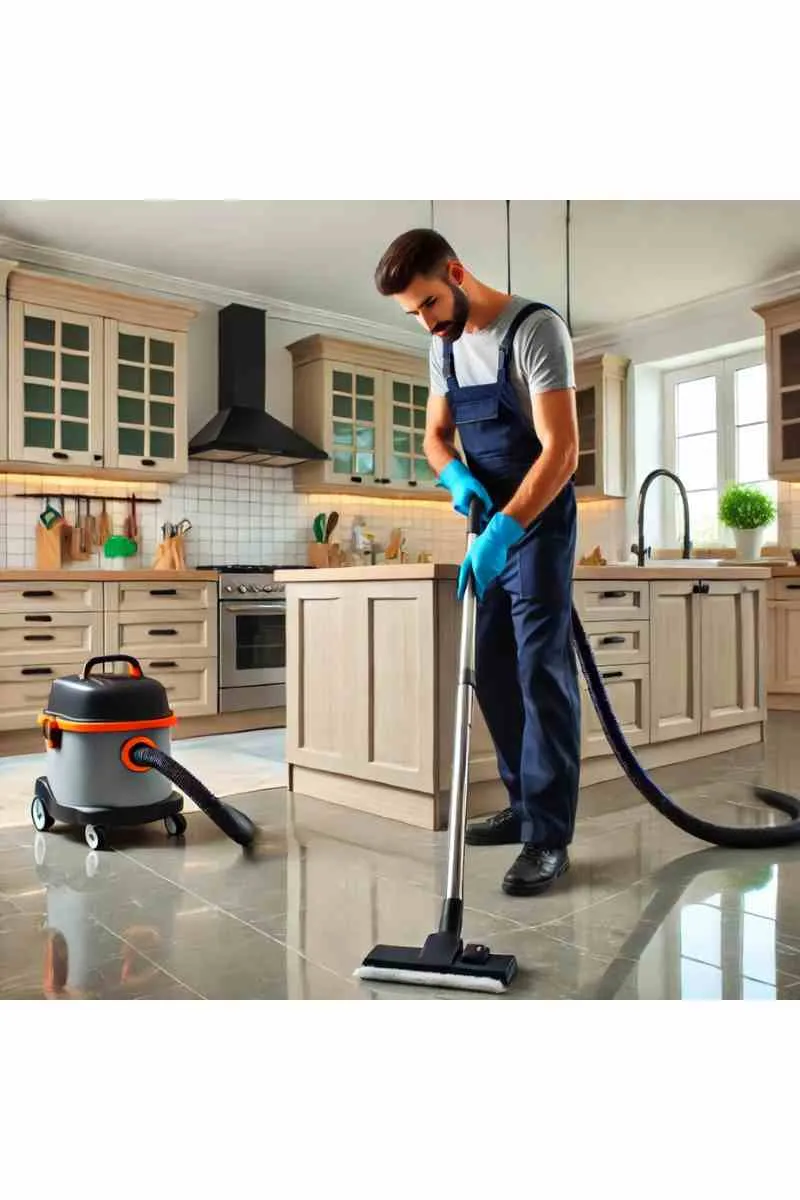 A professional cleaner in uniform vacuuming and wiping down a newly remodeled kitchen with shiny countertops, modern cabinets, and gleaming tile floors, showcasing remodel clean-up