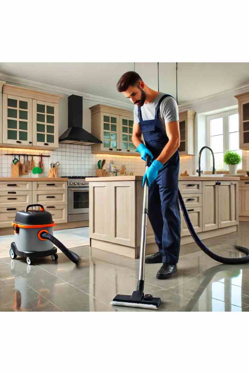 A professional cleaner in uniform vacuuming and wiping down a newly remodeled kitchen with shiny countertops, modern cabinets, and gleaming tile floors, showcasing remodel clean-up