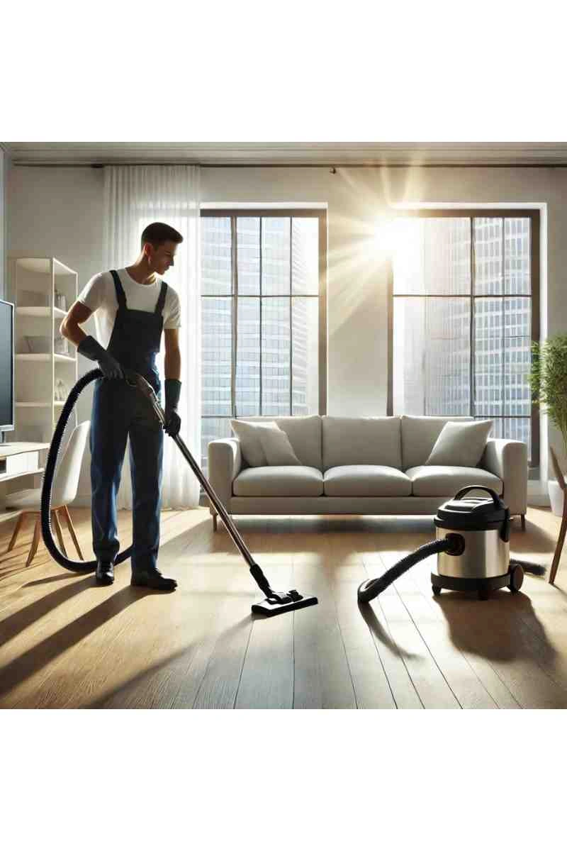 A professional cleaner vacuuming an empty, freshly cleaned living room with hardwood floors and large windows, symbolizing move-out cleaning services.