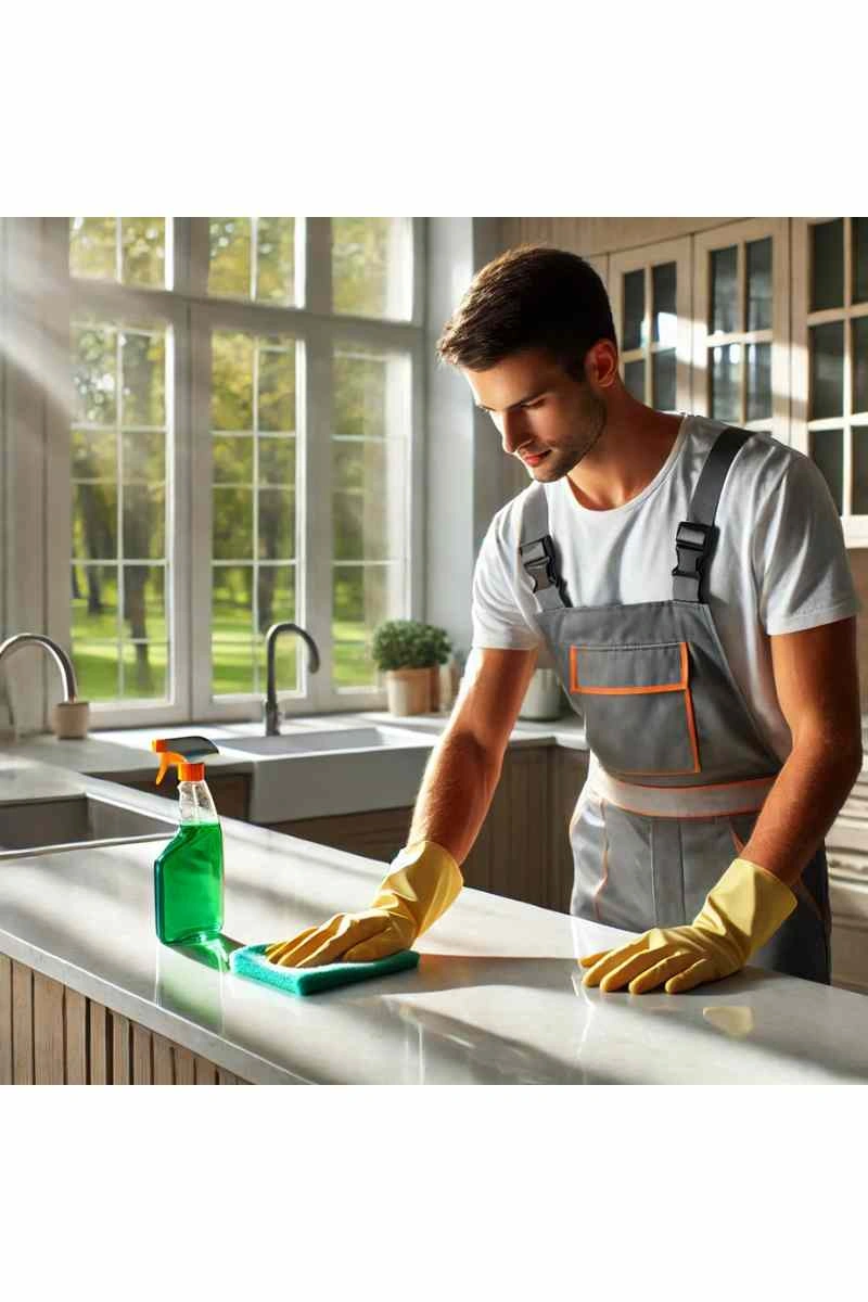 A professional cleaner in uniform wiping down a spotless countertop in a modern, well-lit kitchen, showcasing eco-friendly cleaning services