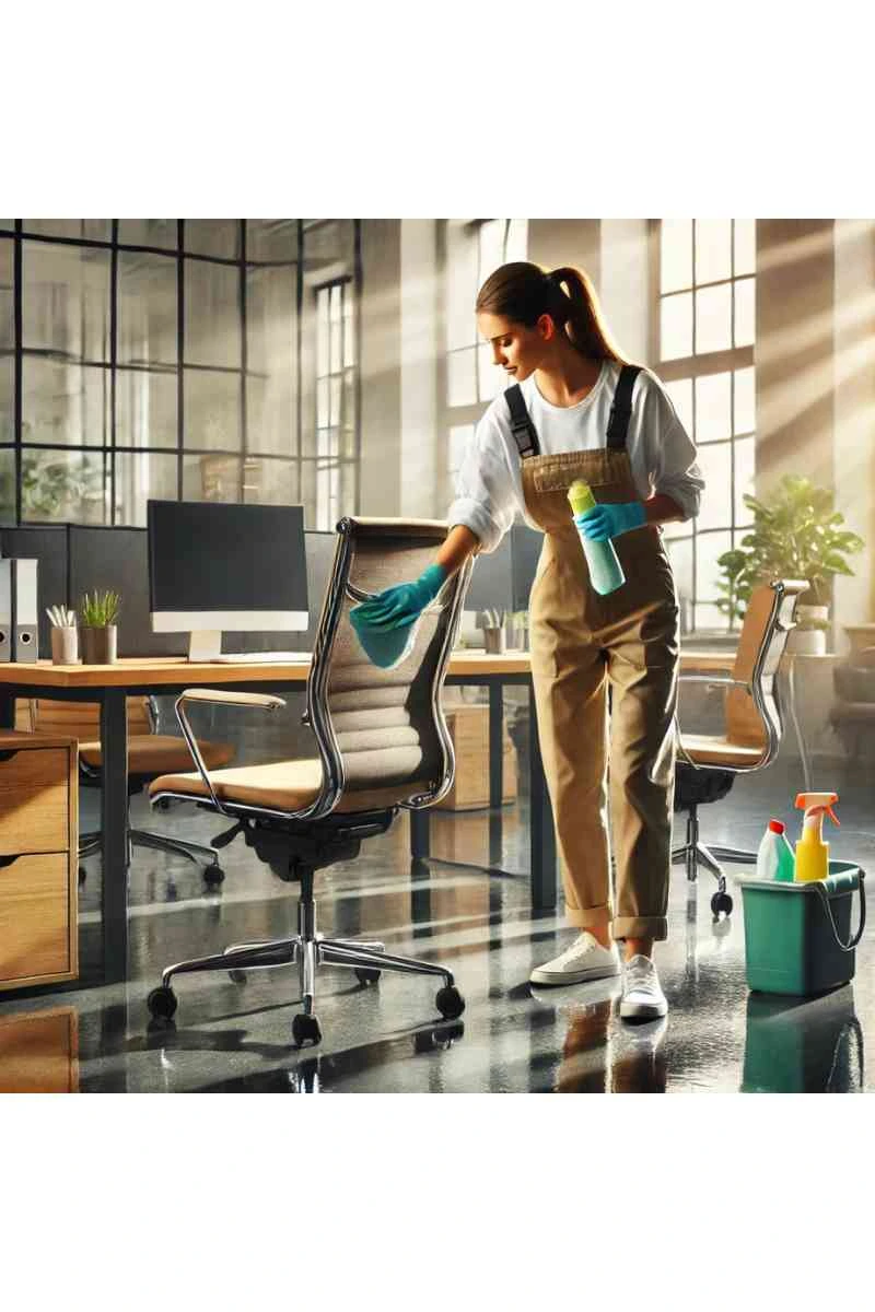 A professional cleaner in uniform wiping down a modern office desk in a well-lit workspace, showcasing eco-friendly cleaning practices.