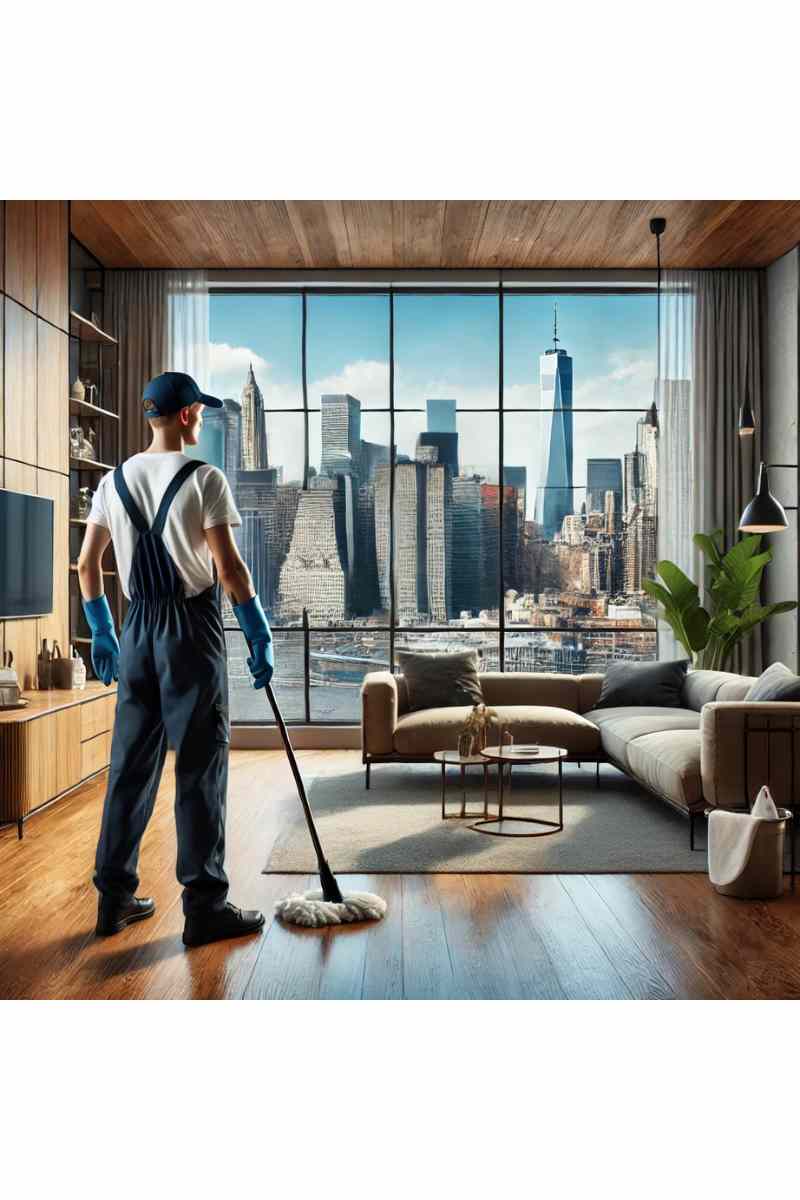 A professional cleaner in uniform working in a luxury NYC apartment with modern furniture and large windows showcasing the city skyline, highlighting professional cleaning services.