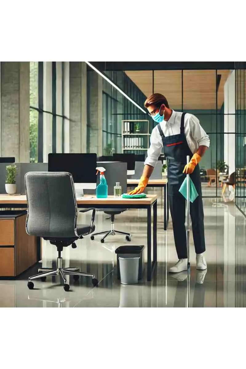 A professional cleaner in uniform sanitizing a desk in a modern commercial workspace with sleek furniture, glass walls, and polished floors, highlighting eco-friendly cleaning services