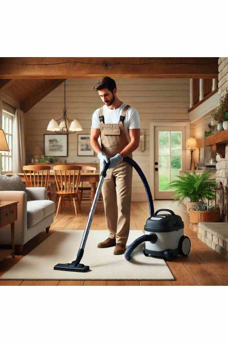 A professional cleaner vacuuming the living room of a cozy Oklahoma home with wooden furniture and natural lighting, highlighting Oklahoma cleaning services.