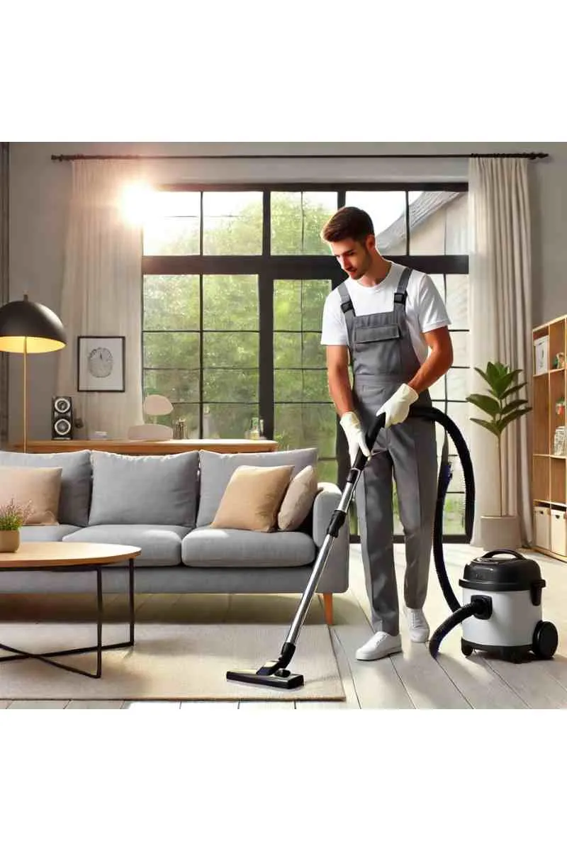A professional cleaner vacuuming a modern living room with a sofa, coffee table, and bright natural light, showcasing professional house cleaning services.