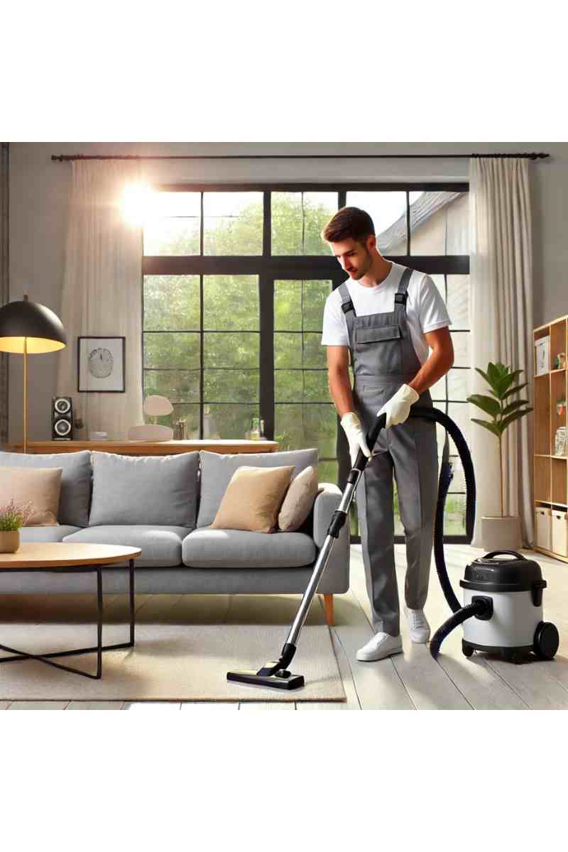 A professional cleaner vacuuming a modern living room with a sofa, coffee table, and bright natural light, showcasing professional house cleaning services