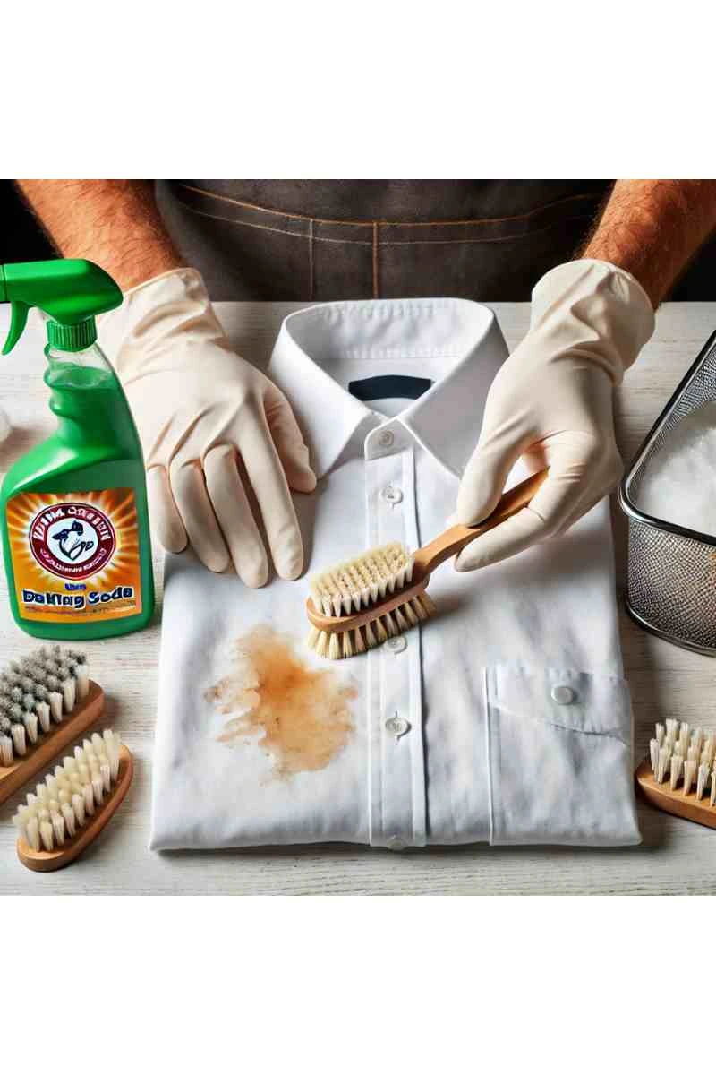 A professional cleaner treating a grease stain on a white shirt using baking soda and a small brush, showcasing eco-friendly cleaning techniques.
