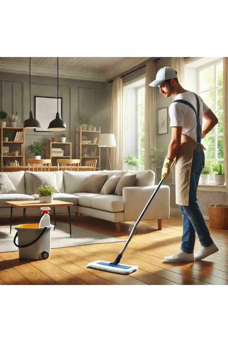 A professional cleaner mopping the floor in a bright, modern living room with a cozy sofa, coffee table, and large windows, showcasing professional house cleaning services