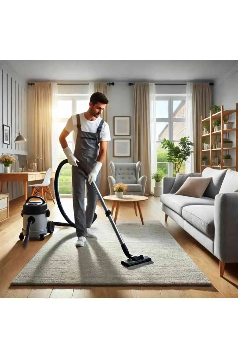 A professional cleaner vacuuming a bright, modern living room with a cozy sofa and natural light, showcasing efficiency and cleanliness for same-day cleaning services.