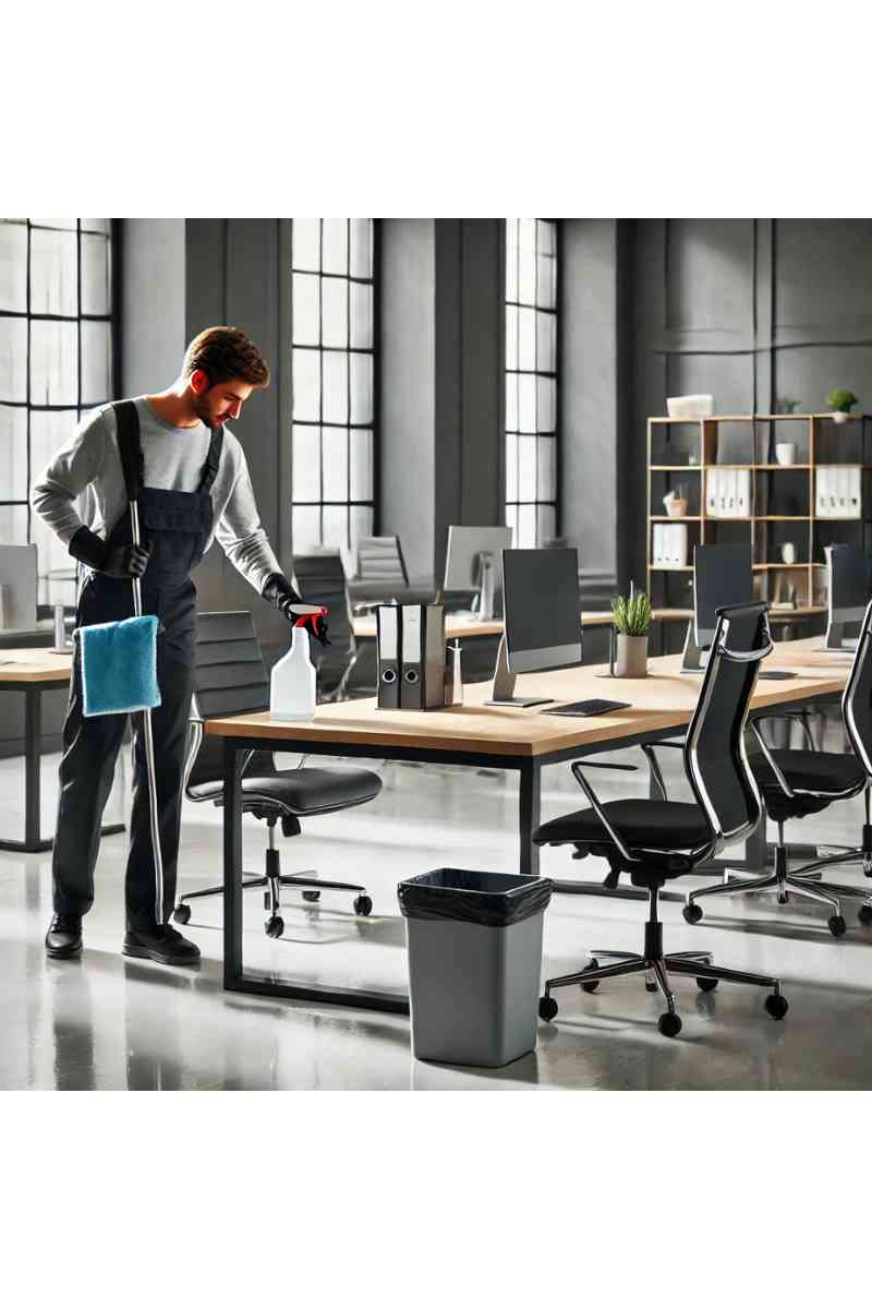 A professional cleaner sanitizing a desk in a modern commercial workspace with ergonomic chairs and natural light, showcasing commercial cleaning services