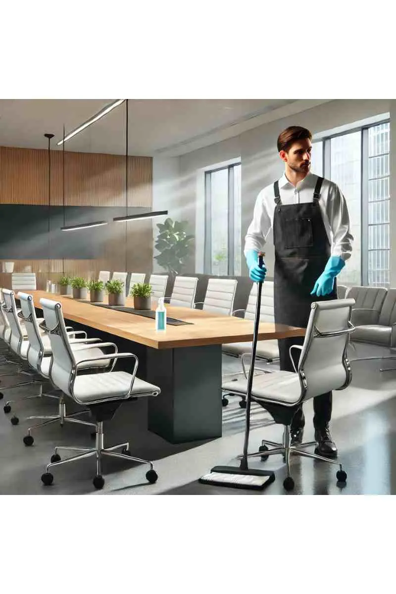 A professional cleaner sanitizing a modern office conference room with a large table, ergonomic chairs, and natural light, showcasing commercial cleaning services