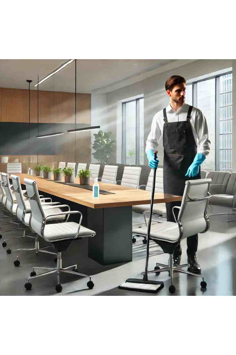 A professional cleaner sanitizing a modern office conference room with a large table, ergonomic chairs, and natural light, showcasing commercial cleaning services