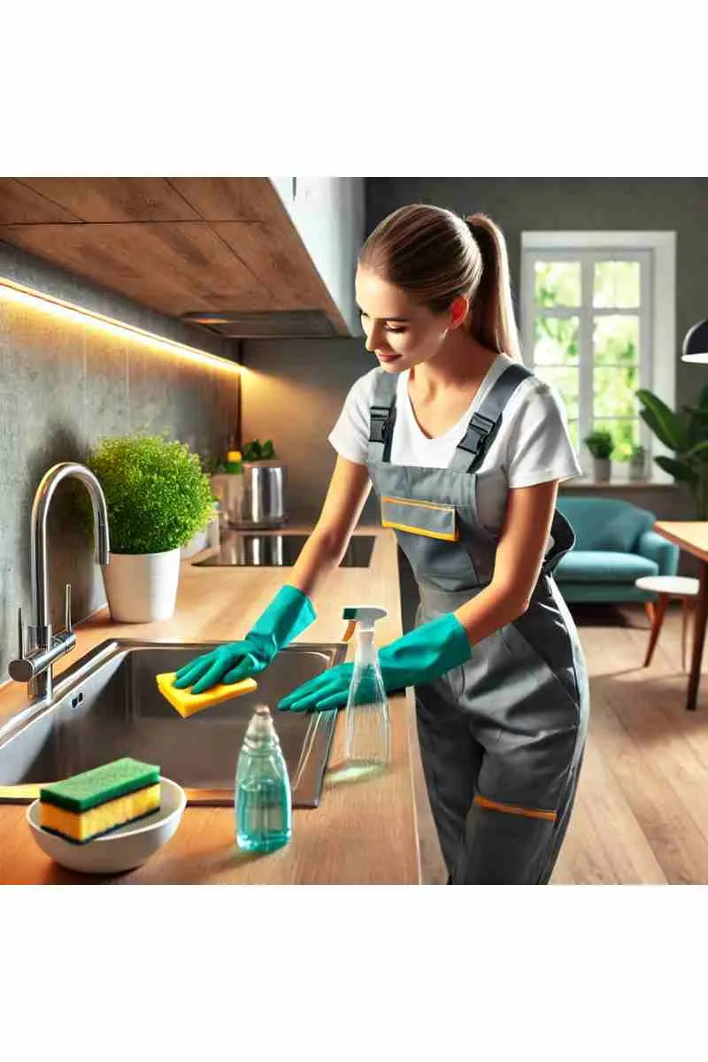 A professional cleaner deep cleaning a modern kitchen with eco-friendly products, featuring a spotless countertop and a shiny stainless steel sink.