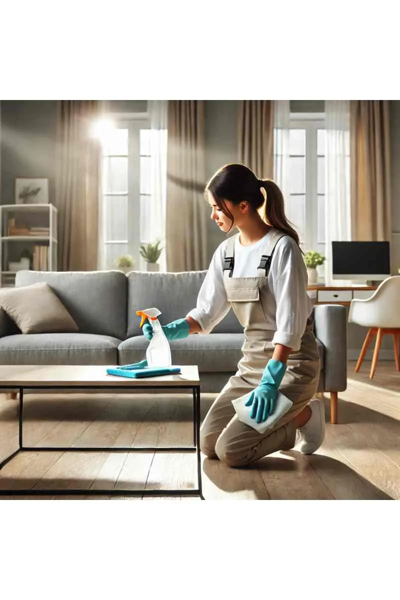 A professional cleaner sanitizing a modern living room with a clean coffee table, comfortable sofa, and natural light streaming through large windows.